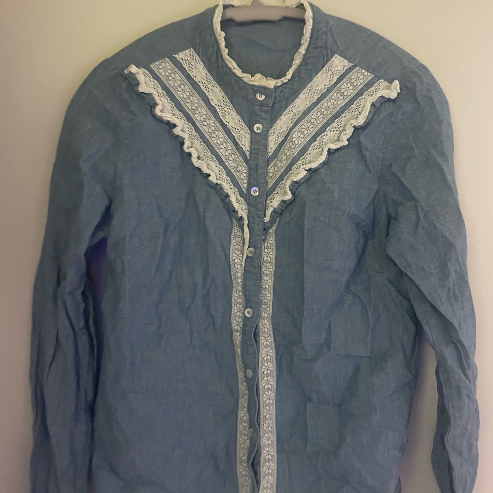 Sezane Blue Lace-Trimmed sezane shirt